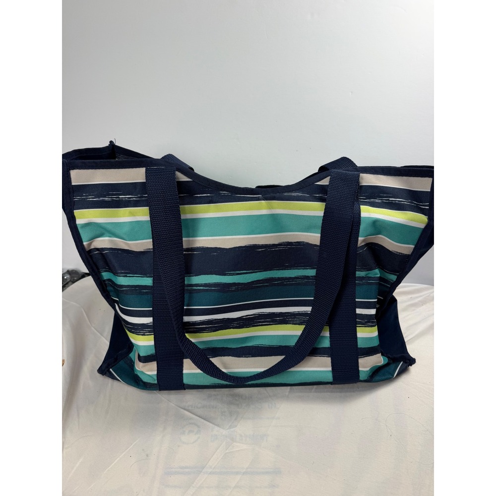 Thirty-One Zip-Top Utility Tote Navy Teal Striped Large Travel Beach Bag